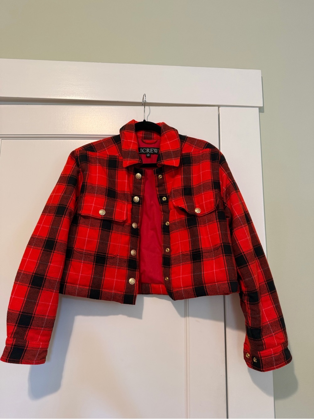 J. Crew Cropped Red Plaid Button-Front Jacket